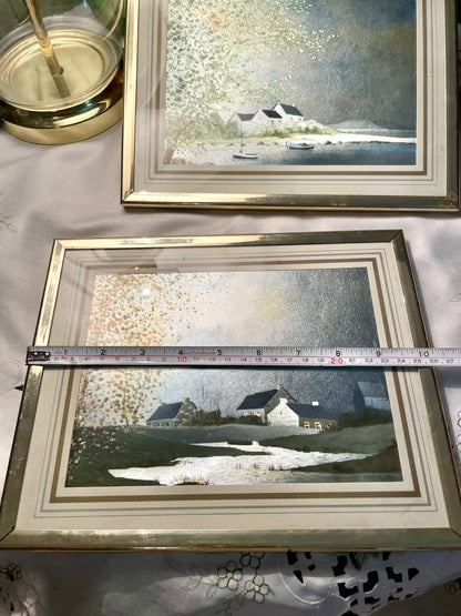 RARE FIND coordinated coastal landscape paintings depicting serene, rustic seaside villages Cottage Pair 10"