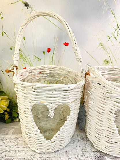White Wicker Heart Lantern Candle Holder Set Of 2