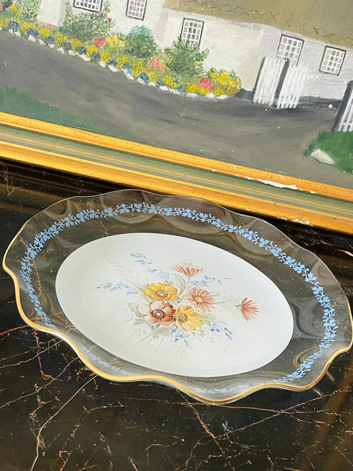 Vintage Hand-Painted Floral Glass Plate – Blue Leaf Border & Gold Trim, Scalloped Edge