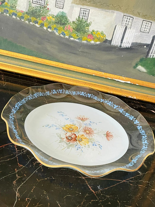 Vintage Hand-Painted Floral Glass Plate – Blue Leaf Border & Gold Trim, Scalloped Edge