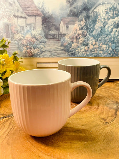 Ribbed Ceramic Mug Pink & Grey Minimal Coffee Cups