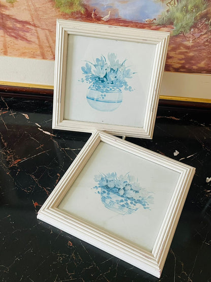 Set of 2 Vintage Blue Floral Wall Frames – Water Color Paintings , England Home Decor