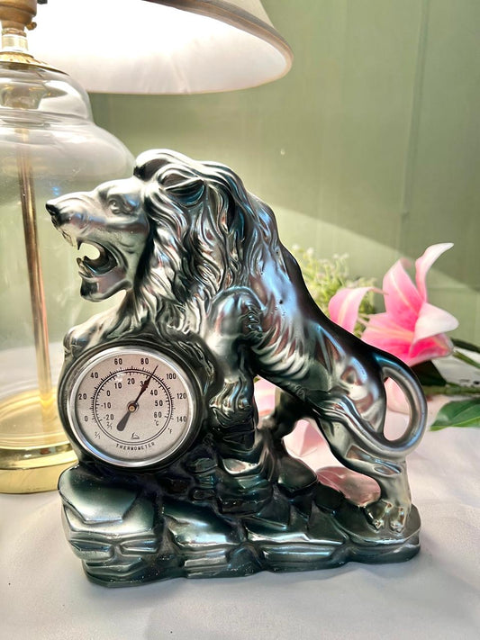 Vintage Metallic Finish Lion Figurine with Thermometer