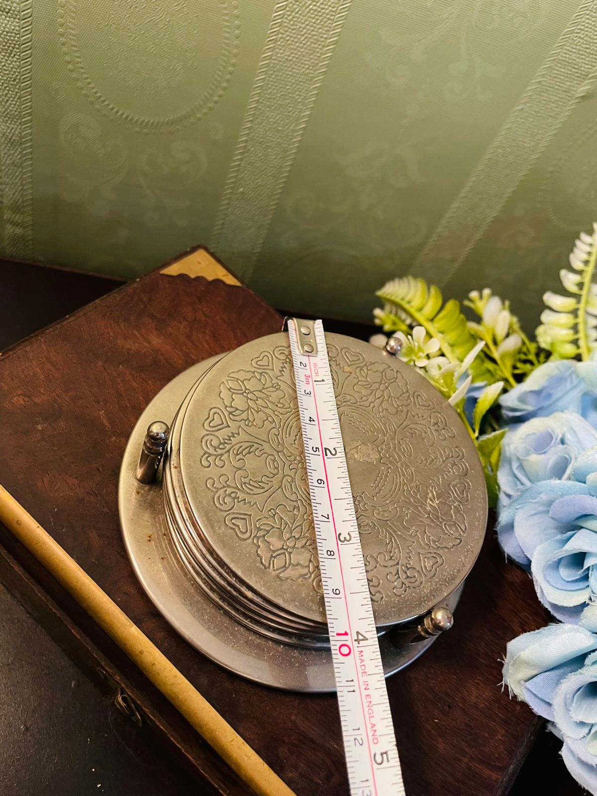 Vintage Silver Plated Coaster Set with Holder 4 Inch