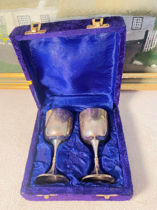 Set of 2 Vintage Silver Goblets – Boxed – Ornate Decorative goblets England