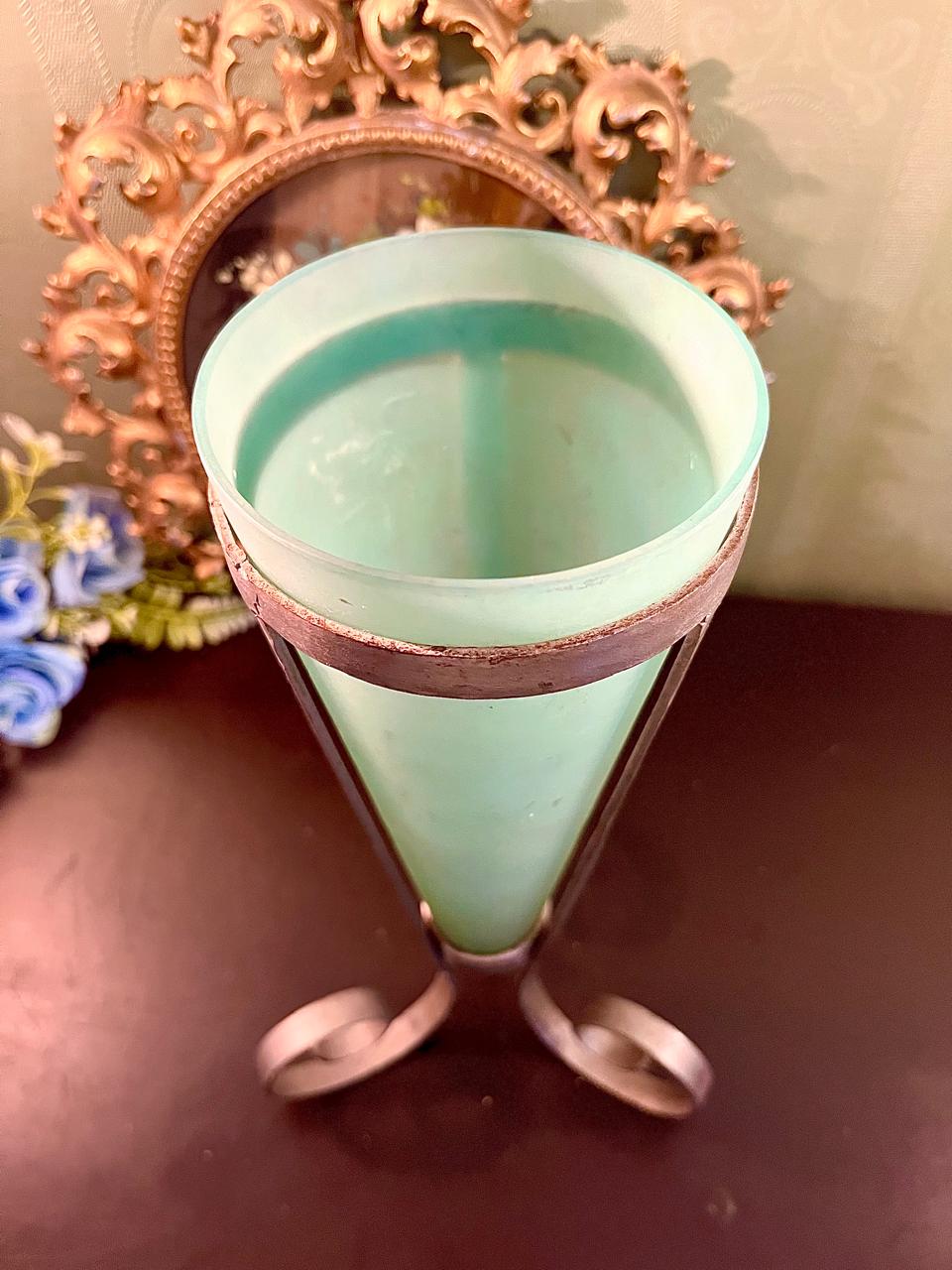 Mint Glass Vase with Scroll Metal Stand