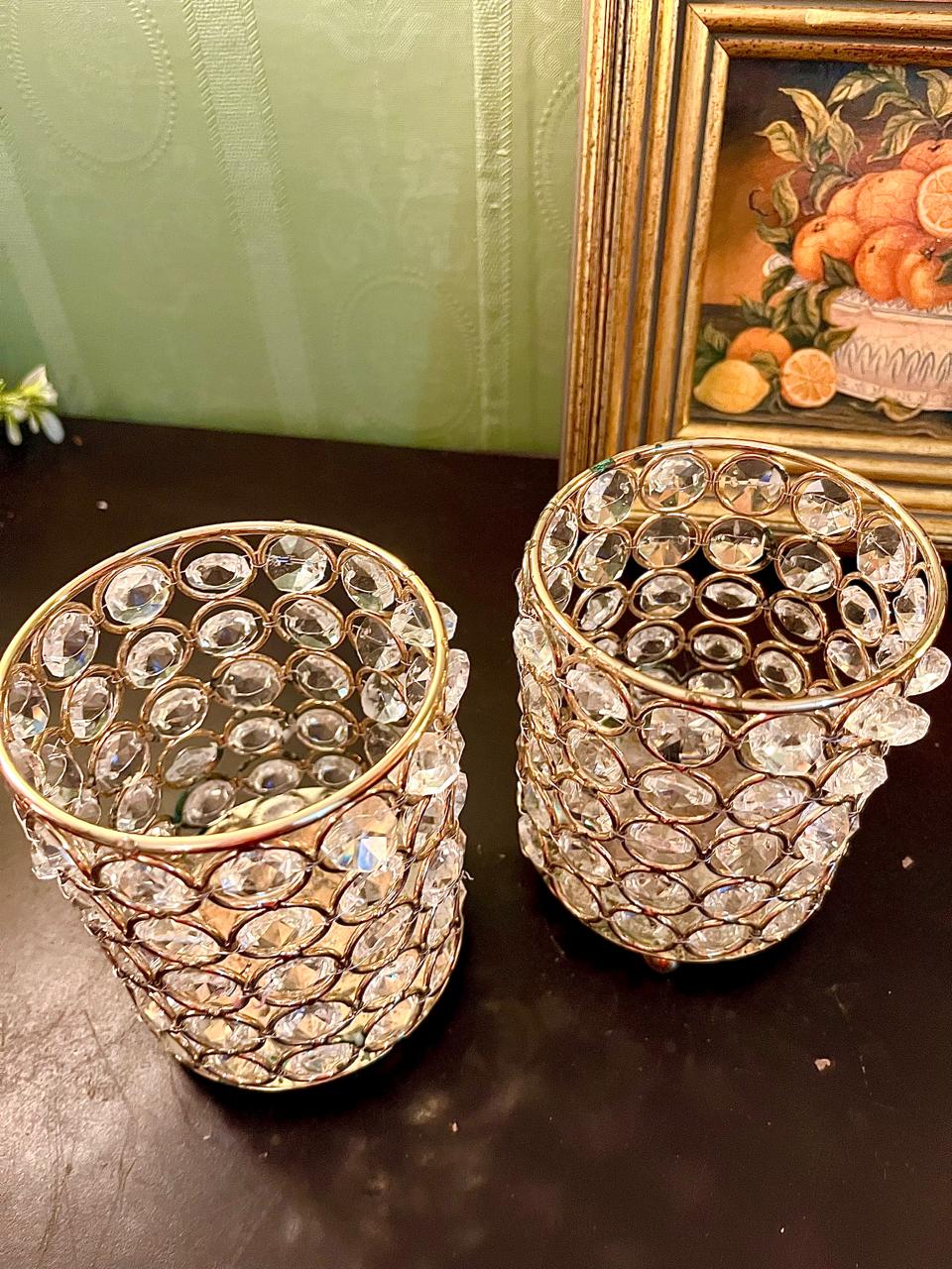 Set of 2 Crystal Beaded Rose Gold Tealight Holders – 5 Inch