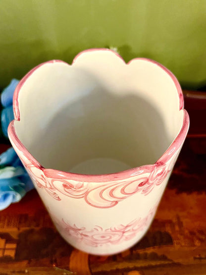 Vintage Pink Hand Painted Floral Ceramic Vase 15 cm Scalloped Rim