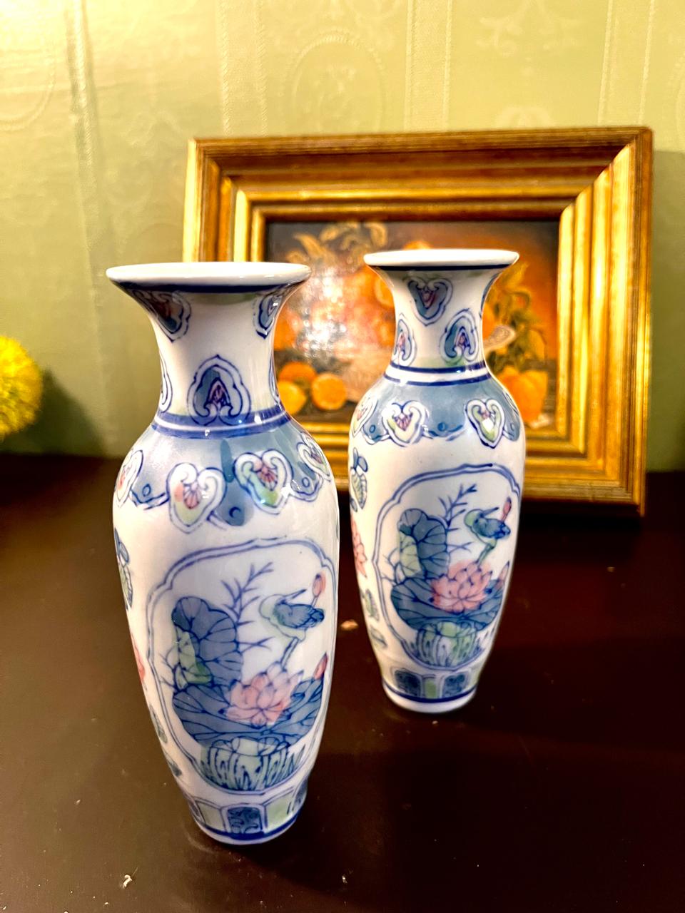 Pair of Vintage Hand-Painted Porcelain Bud Vases – Oriental Lotus Design – 7 Inch