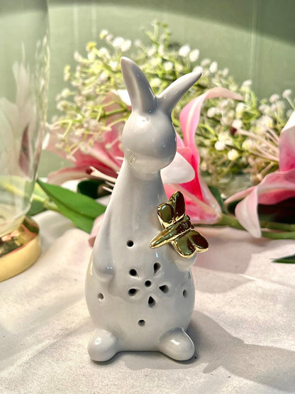 White Rabbit Ceramic Figurine LED Light Gold Butterfly 12cm - 1 Piece