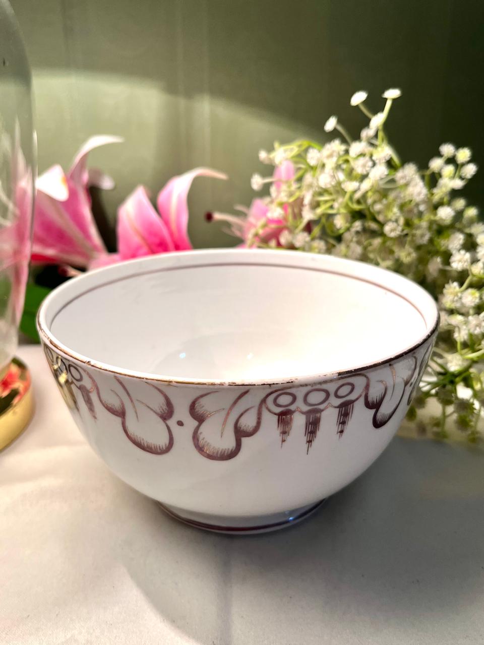 Vintage White Ceramic Serving Bowl Brown Floral Design 6 Inch
