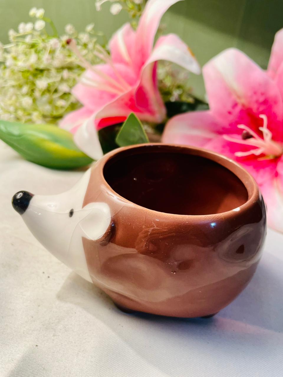 Brown Hedgehog Ceramic Mini Planter 4 in