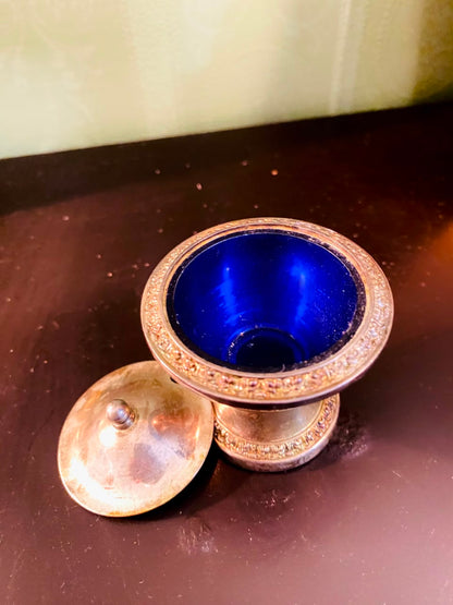 Vintage Silver-Plated Lidded Open Salt Cellar 3 Inch with Blue Glass Insert