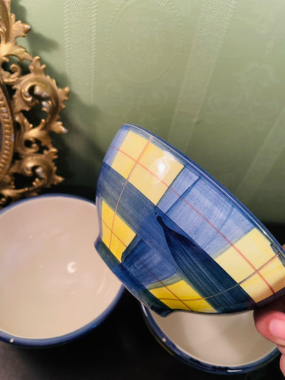 Set of 3 Blue Check Ceramic Bowl Set 6 Inch Round Bowls