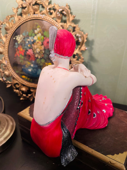 Art Deco Lady Figurine in Crimson Evening Gown Ornament