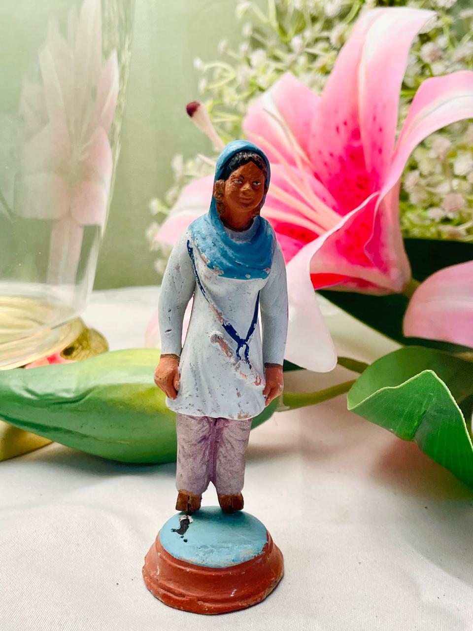 Hand-Painted Female Figurine in Blue Headscarf – Folk Art Miniature, Approx. 11 cm
