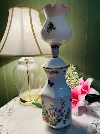 RARE FIND AYNSLEY Cottage Garden Floral Ceramic Table Lamp with White Crystal Shade 47 cm