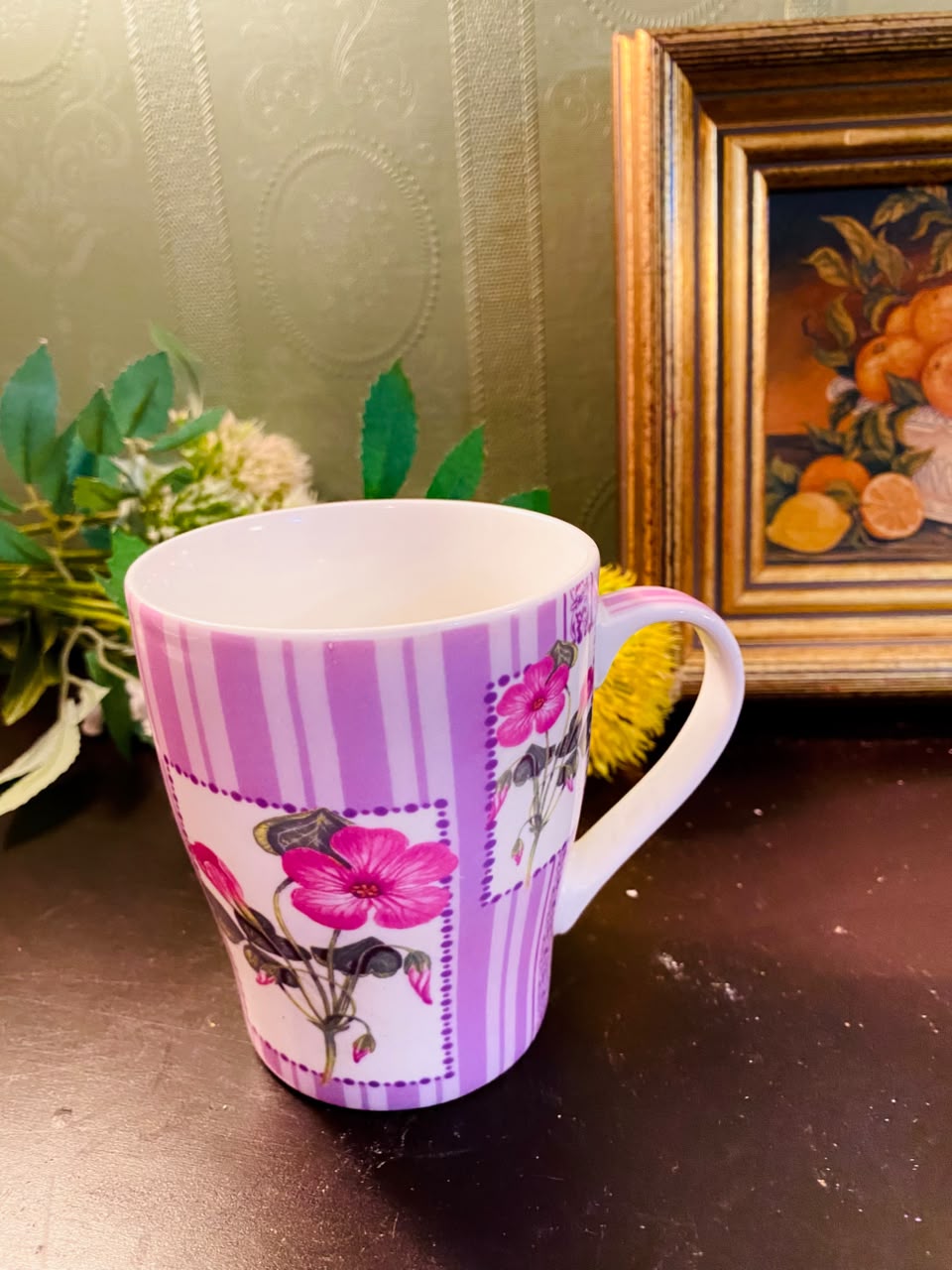 Floral Ceramic Coffee Mug 5 Inch Purple Stripe Tea Cup
