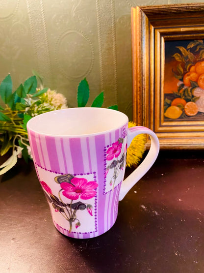 Floral Ceramic Coffee Mug 5 Inch Purple Stripe Tea Cup