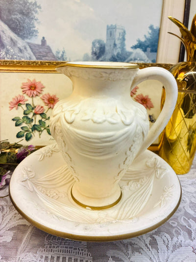 Vintage Embossed Ceramic Pitcher & Plater Large