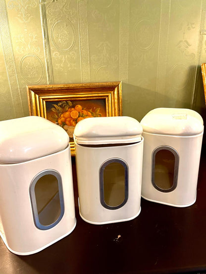 Vintage White Metal Kitchen Storage Jars Set with Viewing Window – Set of 3