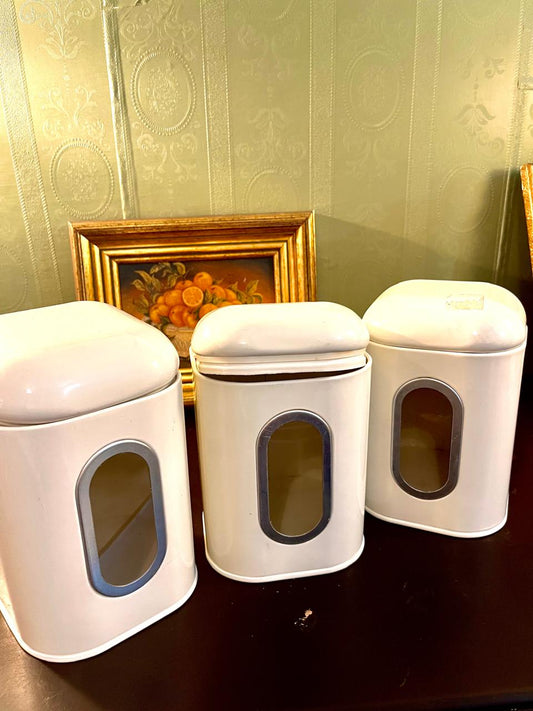 Vintage White Metal Kitchen Storage Jars Set with Viewing Window – Set of 3