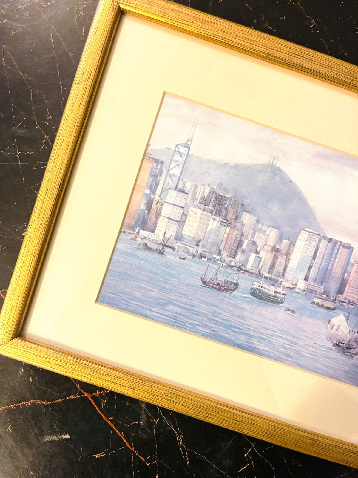 Vintage Framed Waterfront Painting  Scenic City Landscape