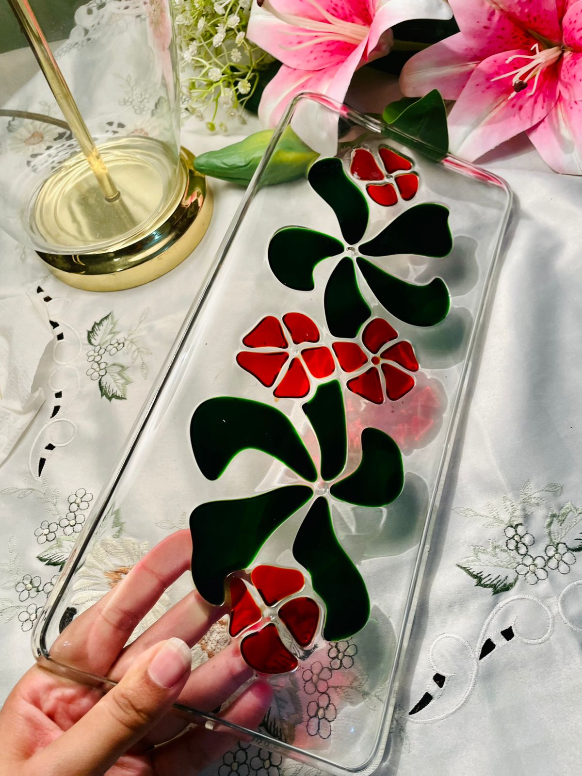 Clear Crystal Floral Serving Tray with Coloured Accents 13 in
