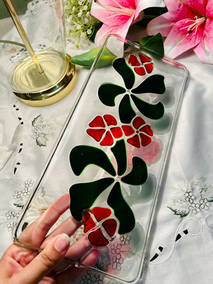 Clear Crystal Floral Serving Tray with Coloured Accents 13 in