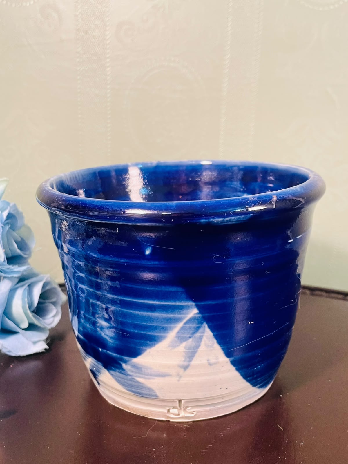 Blue & White Glazed Ceramic Plant Pot – 4 Inch