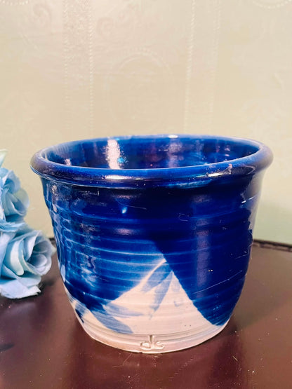 Blue & White Glazed Ceramic Plant Pot – 4 Inch