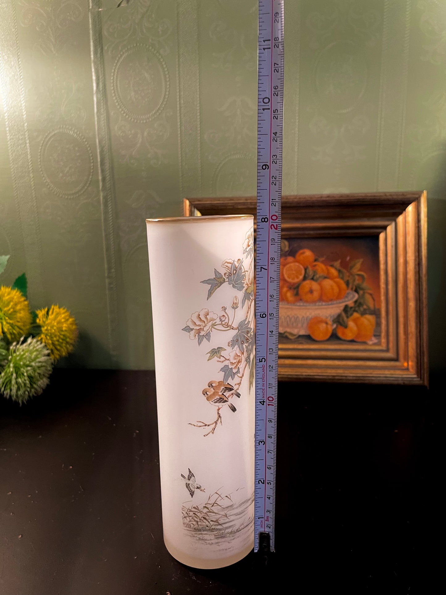Vintage Bird & Blossom Cylinder Vase – 8 Inch