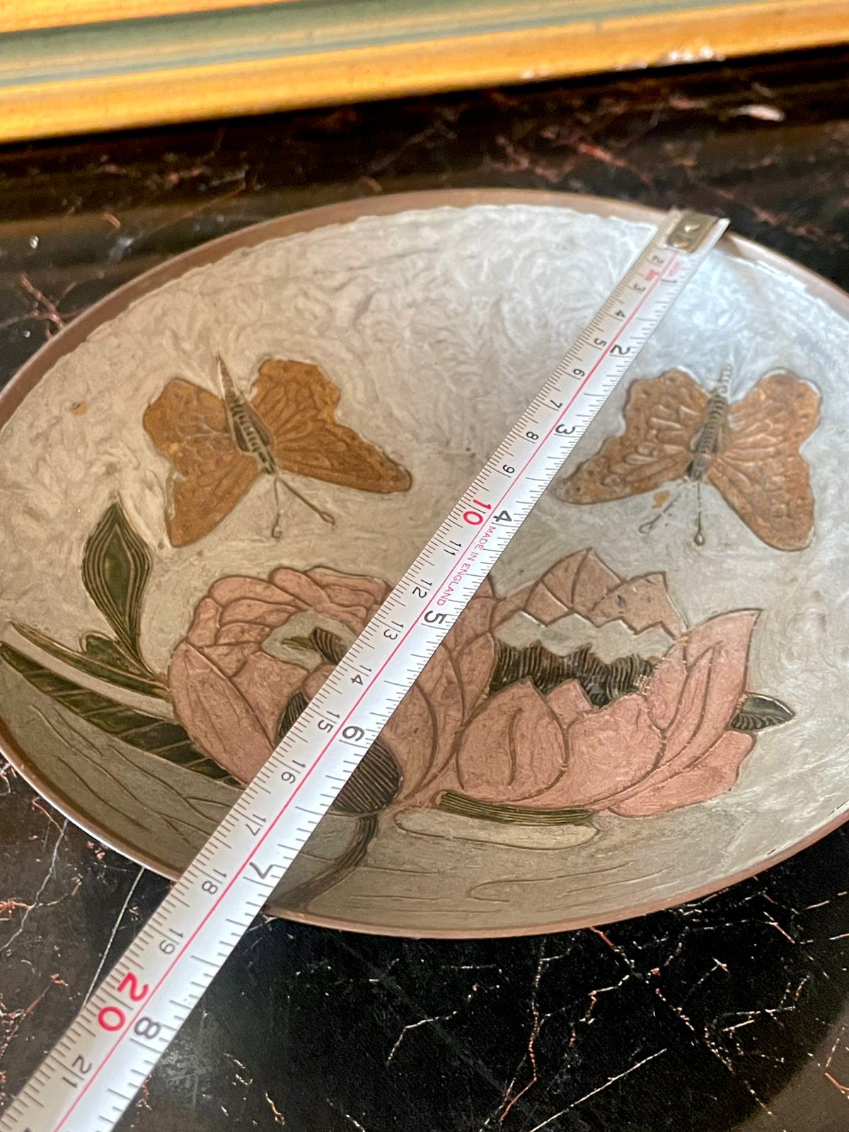 Vintage Etched Metal Pedestal Brass Bowl – Butterfly & Floral Design