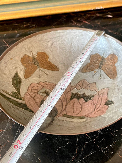 Vintage Etched Metal Pedestal Brass Bowl – Butterfly & Floral Design