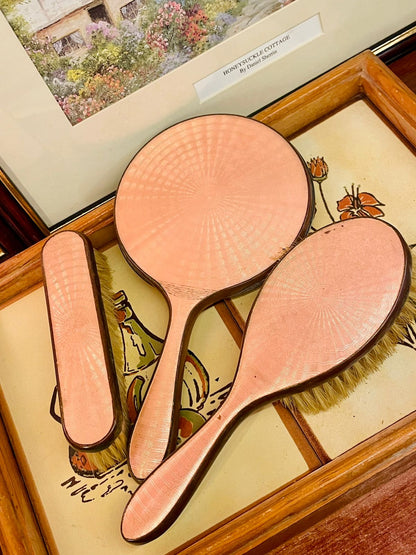 Vintage Vanity Dressing Table Set – Mirror & Two Brushes (Pink Guilloché Style Backing)
