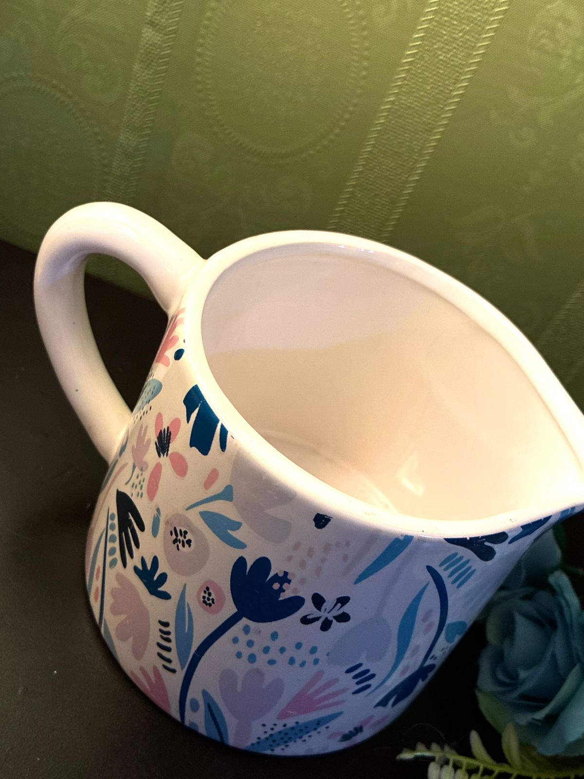 Modern Floral Ceramic Jug Pastel Blue Pink Pitcher