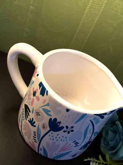 Modern Floral Ceramic Jug Pastel Blue Pink Pitcher