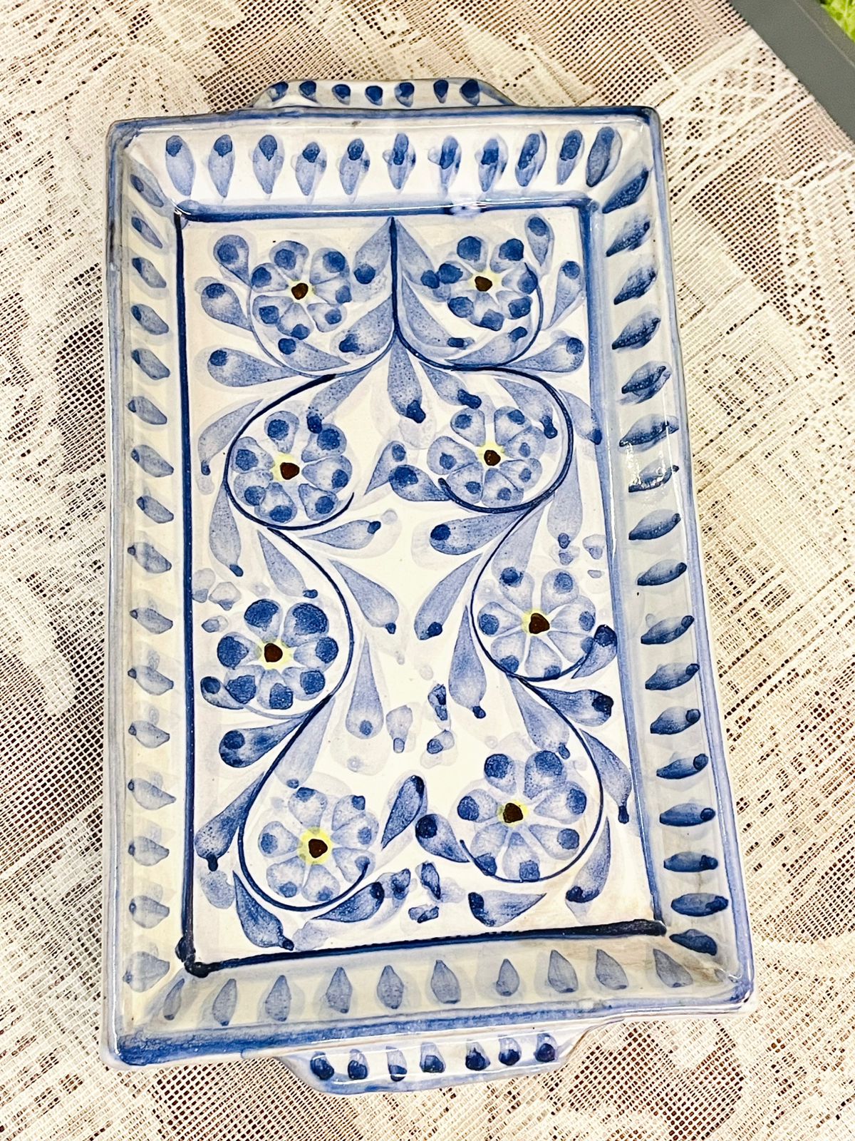 Hand Painted Blue Floral Rectangular Ceramic Serving Tray
