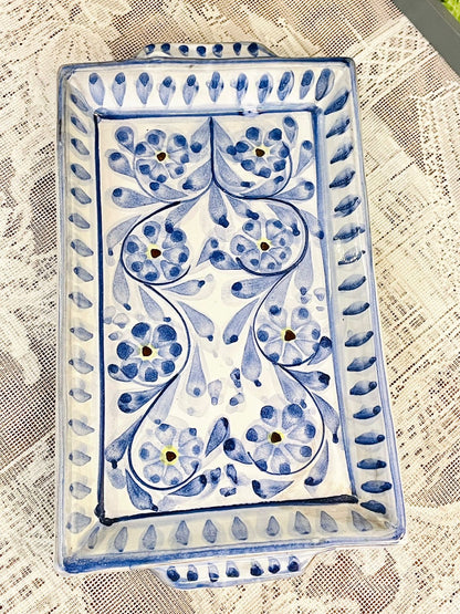 Hand Painted Blue Floral Rectangular Ceramic Serving Tray