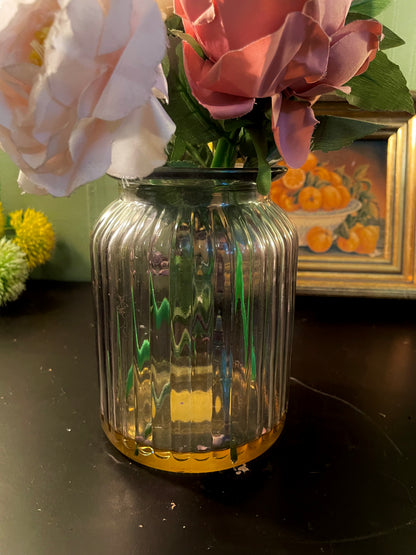 Artificial Pink Rose Arrangement in Ribbed Glass Vase 10 Inch