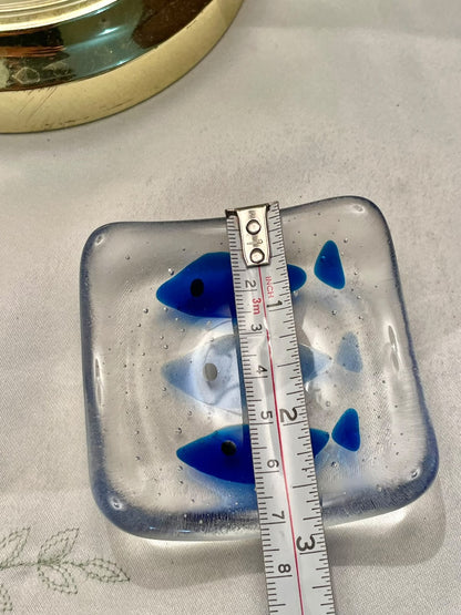Blue Fish Crystal Square Trinket Dish, 3 in