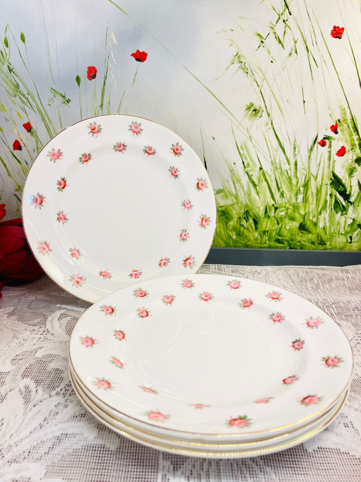 Vintage English Bone China Rose Plates Set of 4