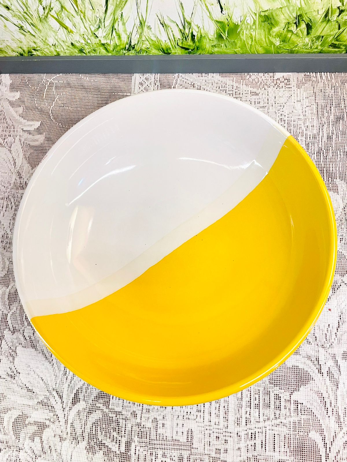 Lunar Yellow White Ceramic Serving Bowl 9.5 inch