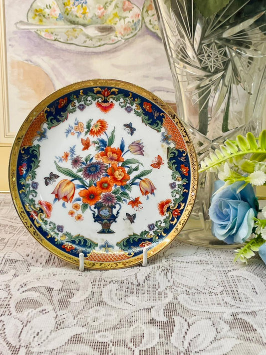 Vintage Floral Porcelain Plate with Gold & Cobalt Rim