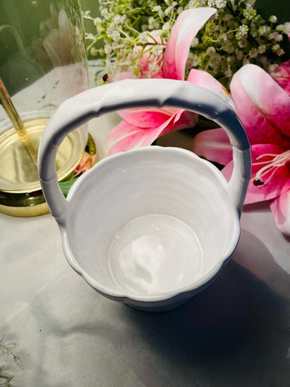 White Ceramic Basket with Handle – Woven-Effect Decorative Planter 16 cm