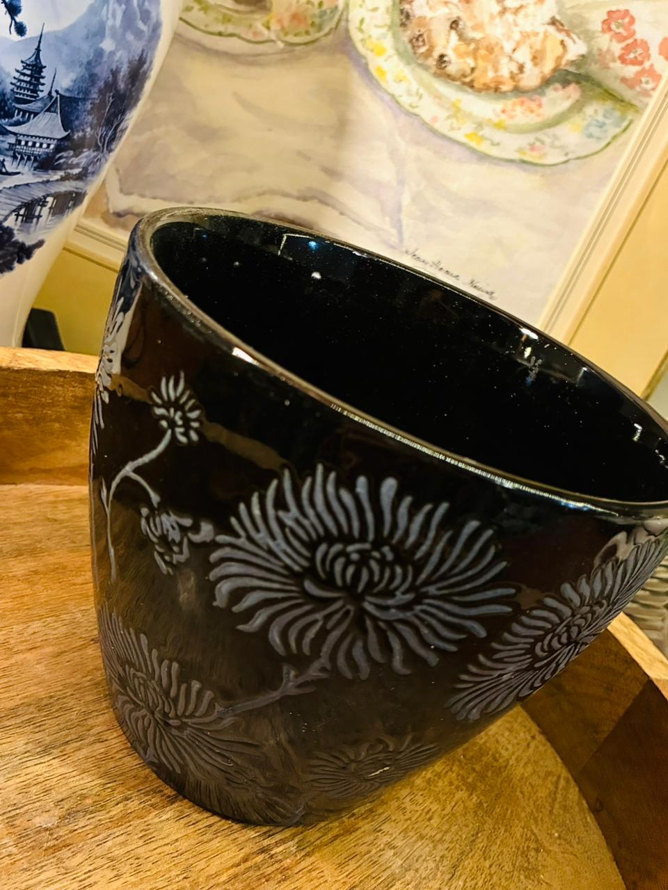 Black Ceramic Planter — 5 Inch Floral Carved Design Decor Pot