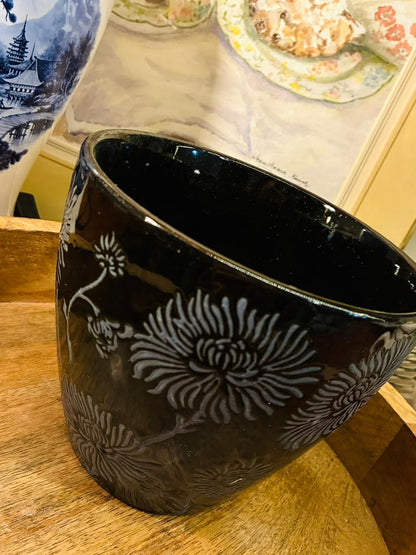 Black Ceramic Planter — 5 Inch Floral Carved Design Decor Pot