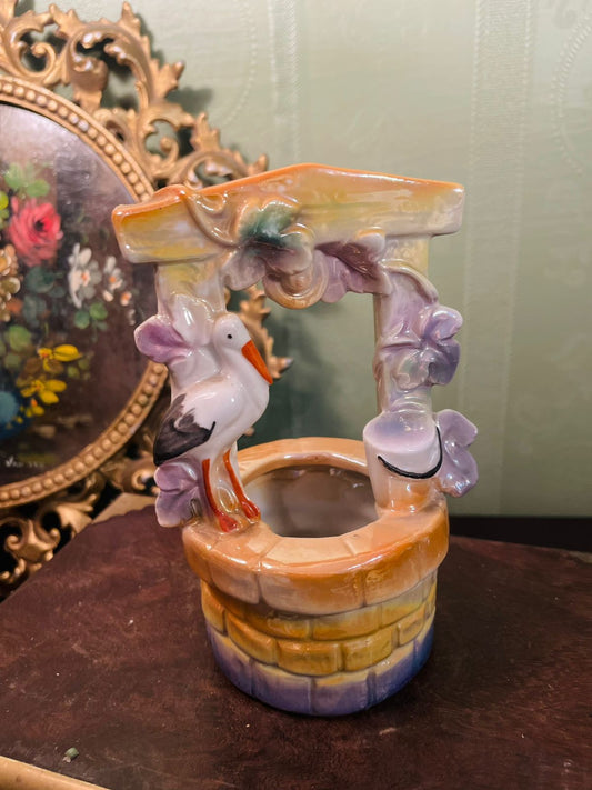 Vintage Stork Well Planter Vase 5 Inch Ceramic Nursery Decor
