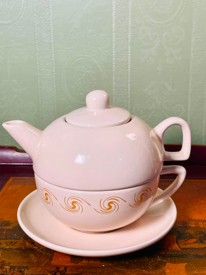 Ceramic Tea for One Set with Gold Swirl Design – 3 Piece