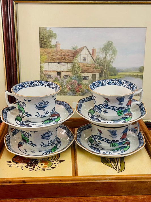 Westover DBC tea set, British vintage cups, blue white ceramics, cottagecore tea decor, collectible teacups UK, farmhouse kitchen decor, cobalt blue china, afternoon tea set, English countryside crockery, vintage saucer cup set